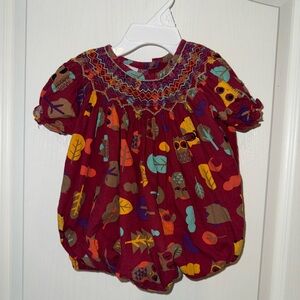 Smocked Sweets Burgundy Baby Bubble Romper with Woodland Pattern